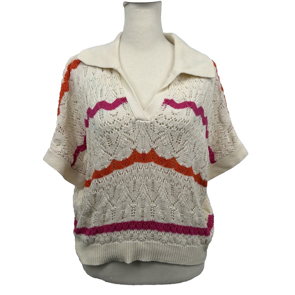 THML NWT Crochet Knit Striped V-Neck Sweater Small Pink Orange Cream Boho